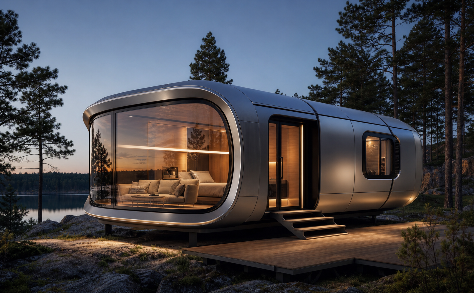 Futuristic capsule home beside a lake