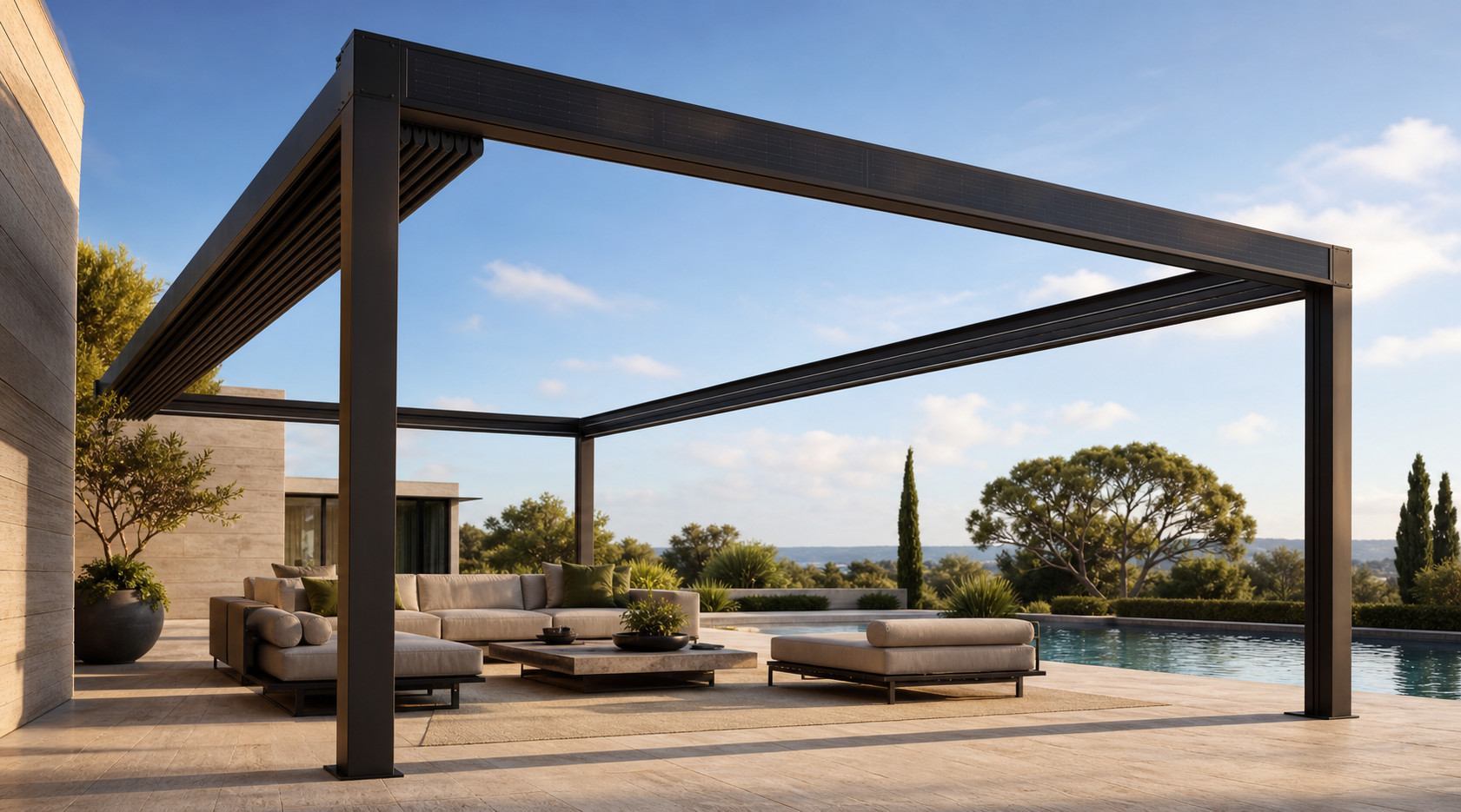 Modern pergola with a fully retracted roof and integrated solar panels